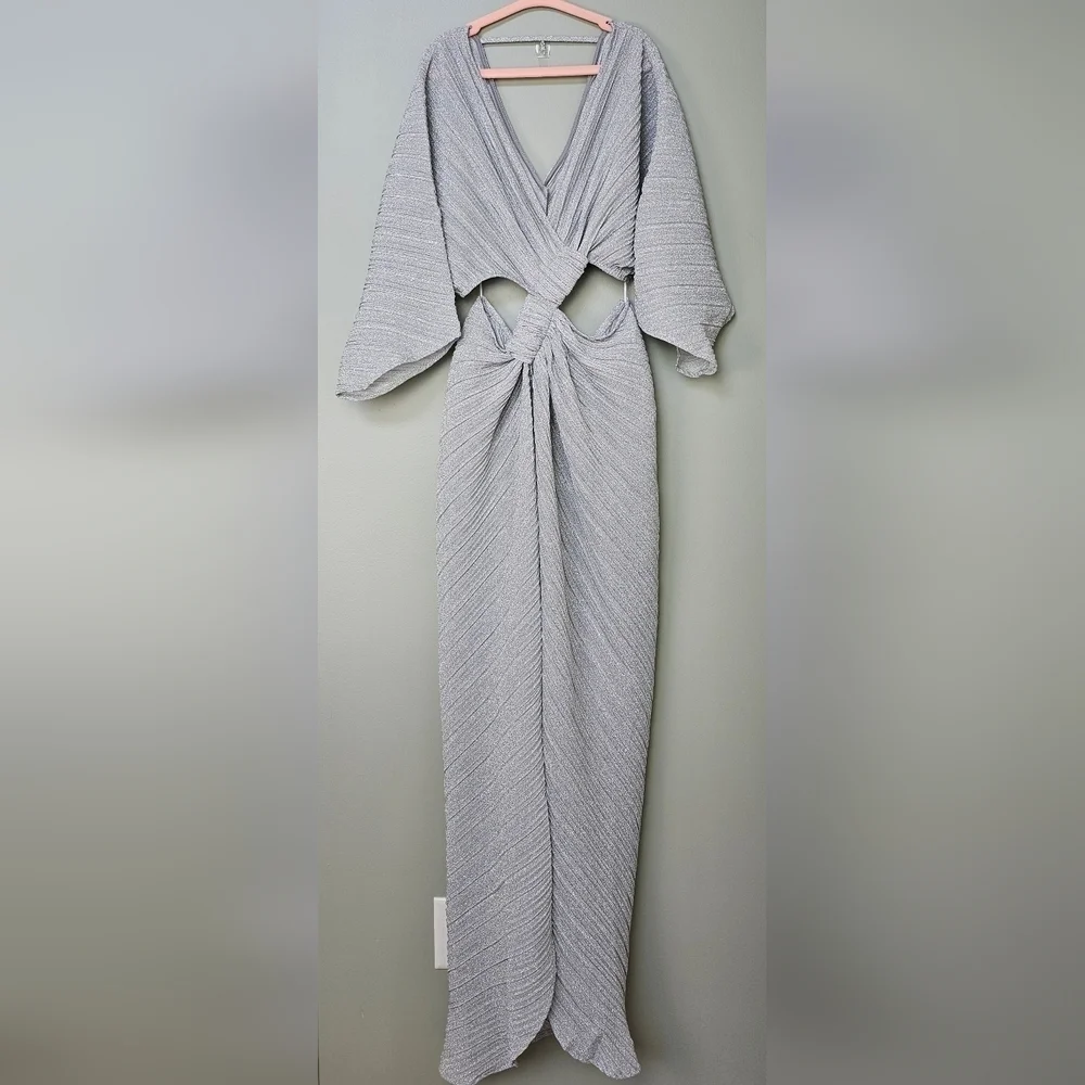 SUBOO Stevie Pleated Cross-Over Maxi Dress w Mini Shorts, Shimmer Gray, Medium